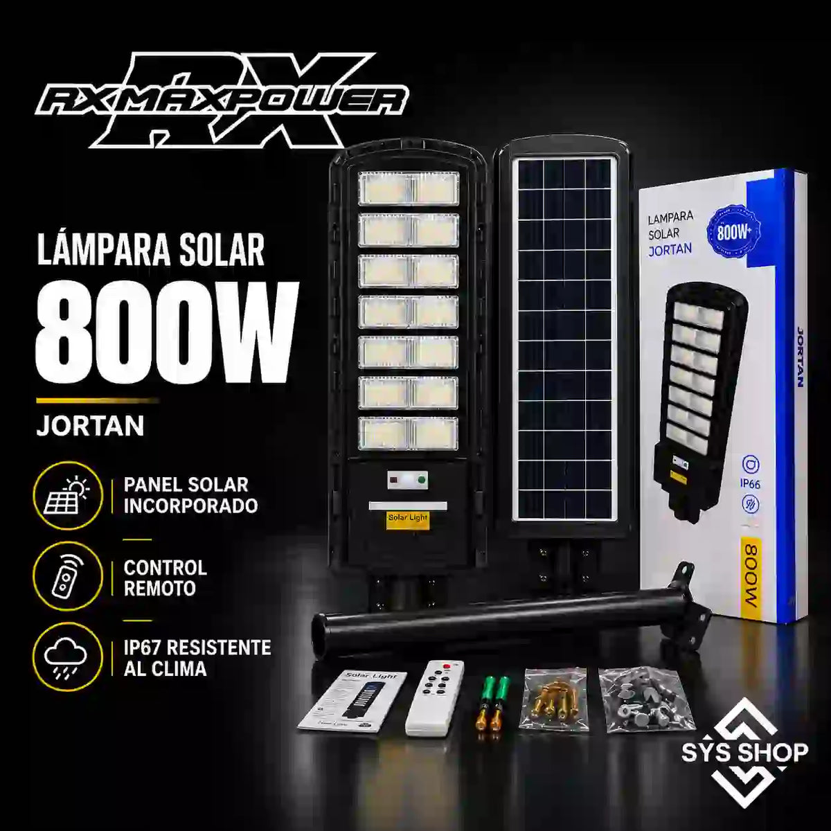 LAMPARA SOLAR LED 800W+ SOPORTE Y ACCESORIOS JORTAN